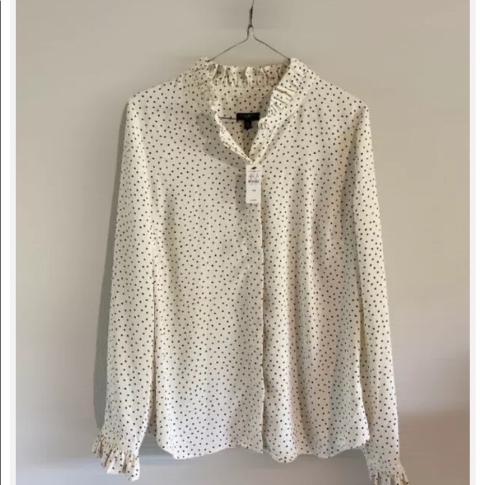 NEW TALBOTS Polka Dot Ruffle Button Up Poplin Blouse Size Petite Medium